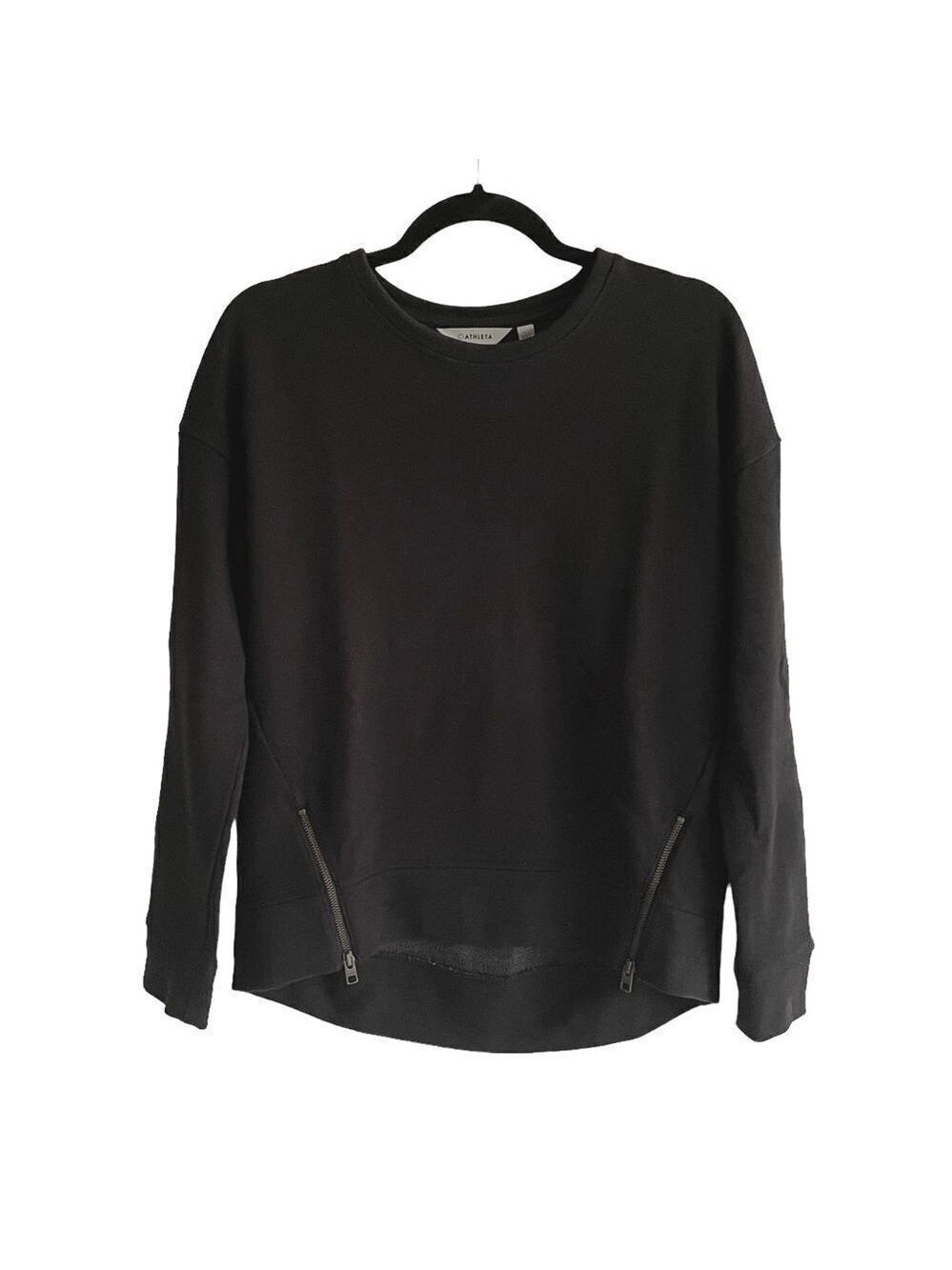 ATHLETA Cityscape Cotton Crew Neck Sweatshirt Zippers High Low Hem Black XXS